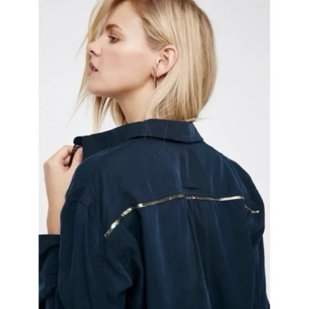 Free People Off Campus Navy Blue Metallic Button Down Shirt - Picture 6 of 8